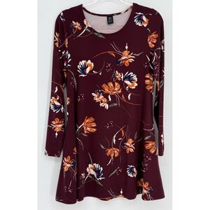 Lildy Womens Burgundy Floral Long Sleeve Pocket Swing Tunic Dress Size S-M